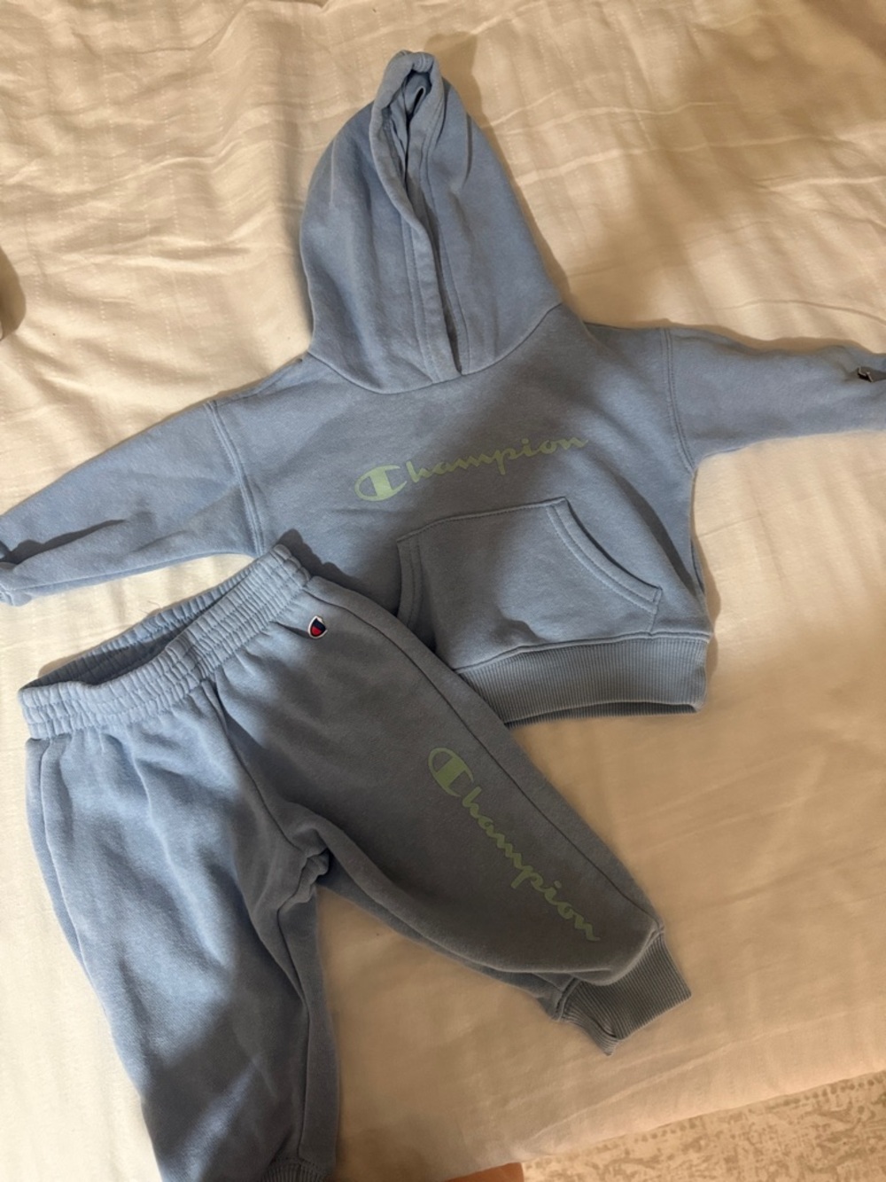 Champion Kids Light Blue Hoodie & Joggers Set with Green Logo